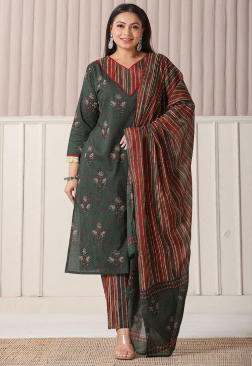 Printed Pure Cotton Pakistani Suit in Dark Green