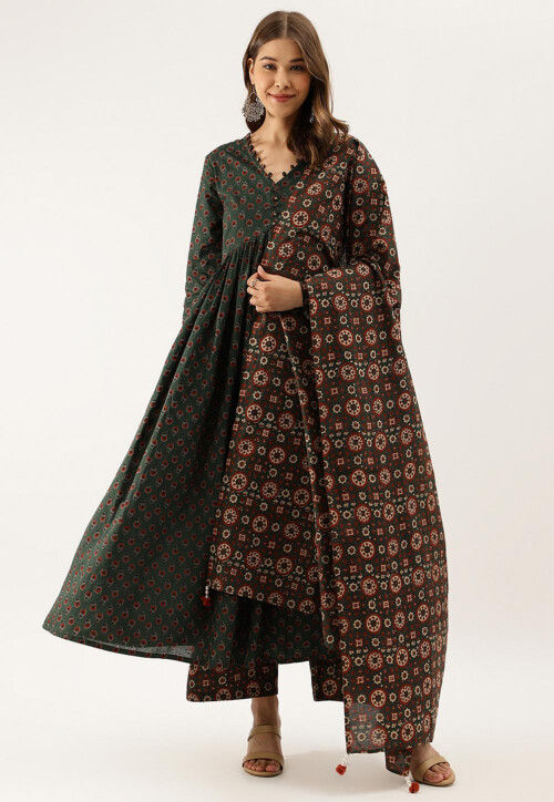 Printed Pure Cotton Pakistani Suit in Dark Green
