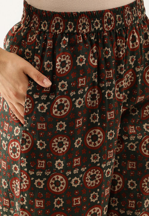 Printed Pure Cotton Pakistani Suit in Dark Green