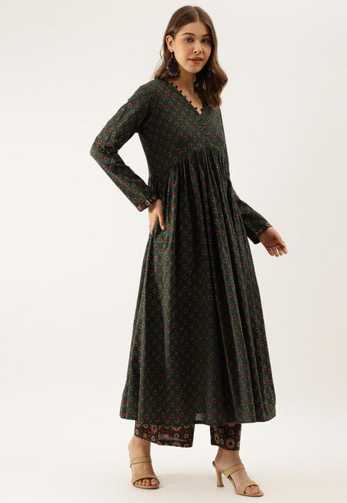 Printed Pure Cotton Pakistani Suit in Dark Green