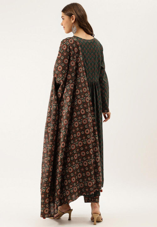 Printed Pure Cotton Pakistani Suit in Dark Green