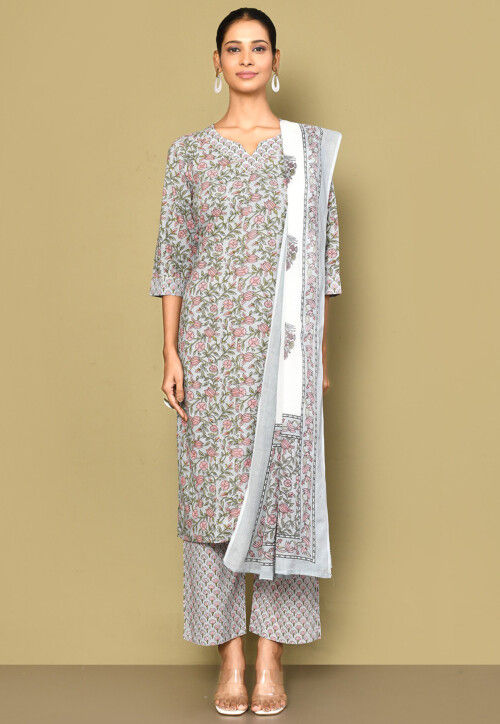 Printed Pure Cotton Pakistani Suit in Dusty Blue