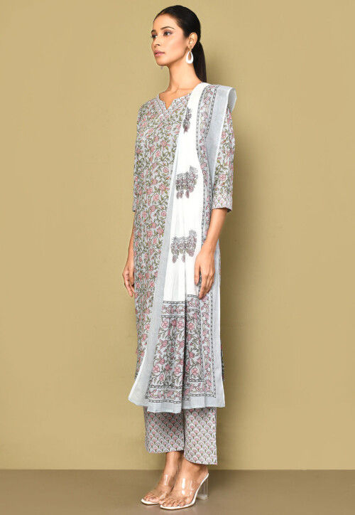 Printed Pure Cotton Pakistani Suit in Dusty Blue