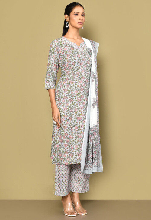 Printed Pure Cotton Pakistani Suit in Dusty Blue