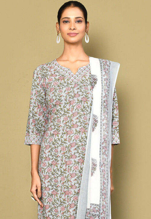 Printed Pure Cotton Pakistani Suit in Dusty Blue