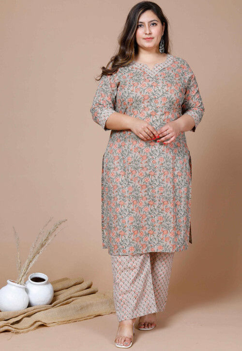 Printed Pure Cotton Pakistani Suit in Fawn