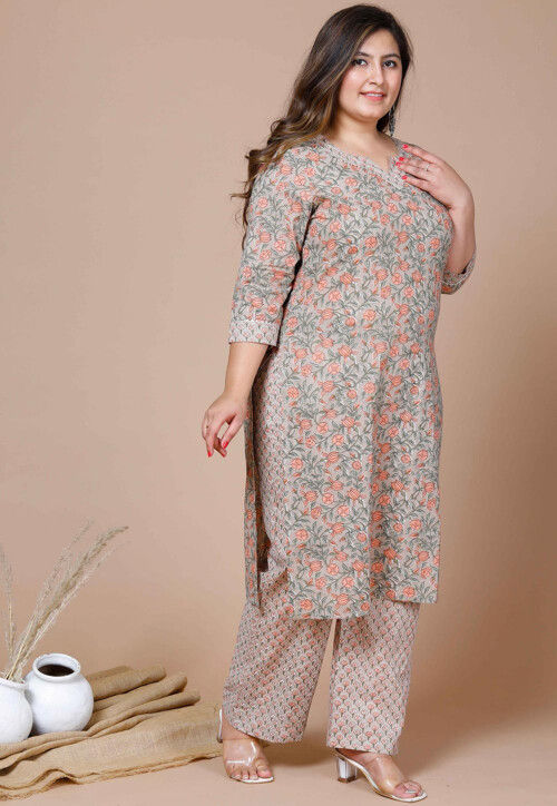 Printed Pure Cotton Pakistani Suit in Fawn