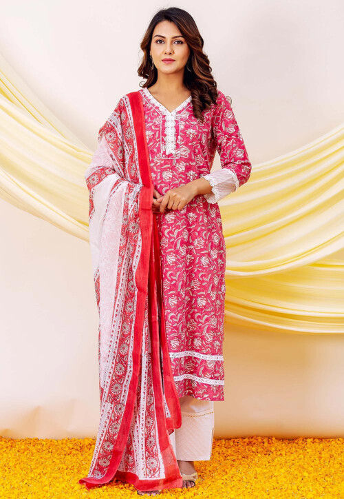 Printed Pure Cotton Pakistani Suit in Fuchsia