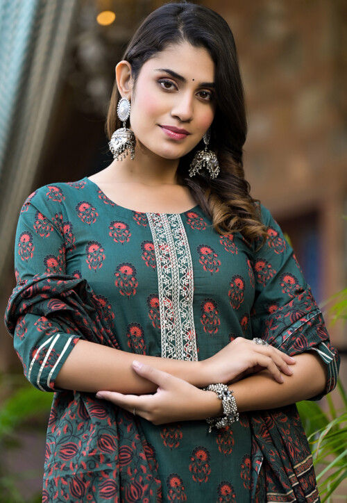 Printed Pure Cotton Pakistani Suit in Green