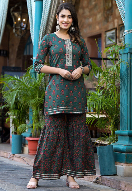 Printed Pure Cotton Pakistani Suit in Green