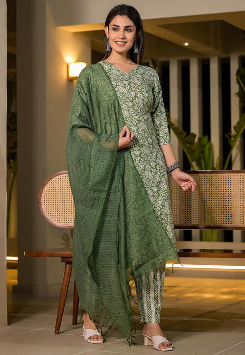 Printed Pure Cotton Pakistani Suit in Green