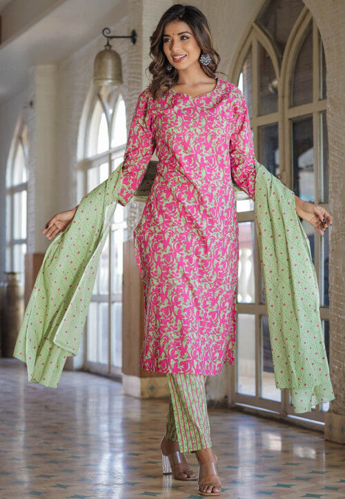 Printed Pure Cotton Pakistani Suit in Green and Pink
