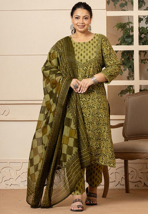Buy Printed Pure Cotton Pakistani Suit in Light Olive Green Online :  KJL1628 - Utsav Fashion