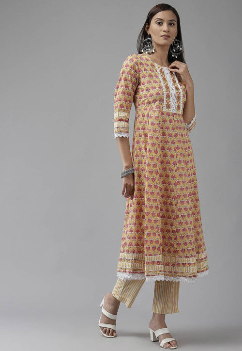 Buy Printed Pure Cotton Pakistani Suit in Light Yellow Online : KHE89 ...