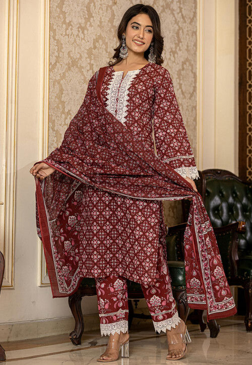 Printed Pure Cotton Pakistani Suit in Maroon