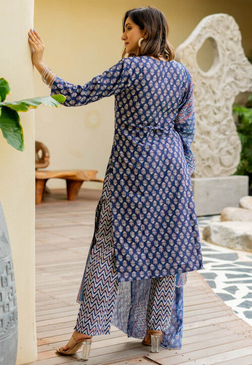 Printed Pure Cotton Pakistani Suit in Navy Blue