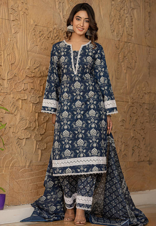 Buy Printed Pure Cotton Pakistani Suit in Navy Blue Online : KJL1339 - Utsav Fashion Buy Printed Pure Cotton Pakistani Suit in Navy Blue Online : KJL1339 - Utsav Fashion