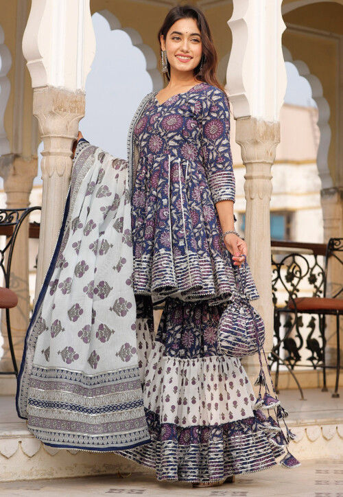 Navy Blue Floral Printed Pakistani Style Suit – 3 Piece Cotton