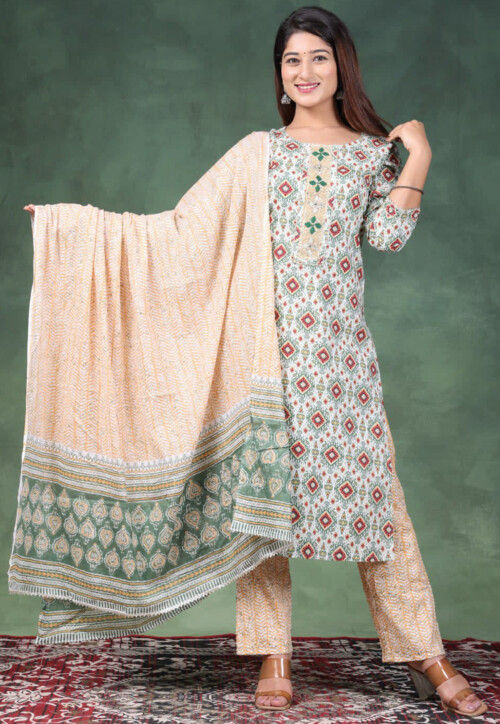 Printed Pure Cotton Pakistani Suit in Off White and Dusty Green