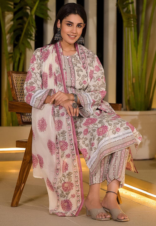 Printed Pure Cotton Pakistani Suit in Off White and Pink