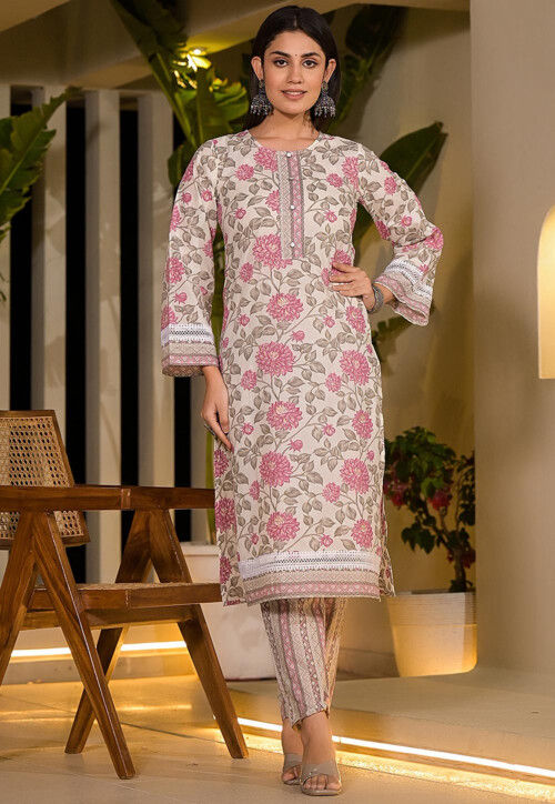Printed Pure Cotton Pakistani Suit in Off White and Pink