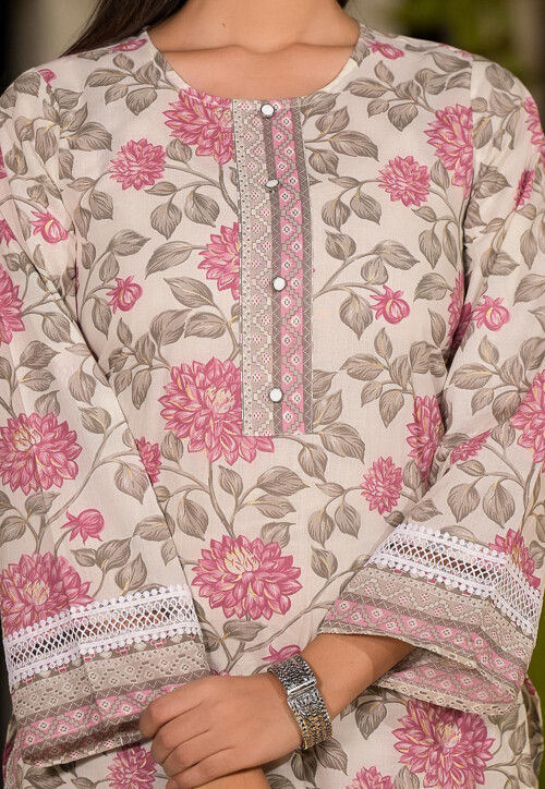 Printed Pure Cotton Pakistani Suit in Off White and Pink
