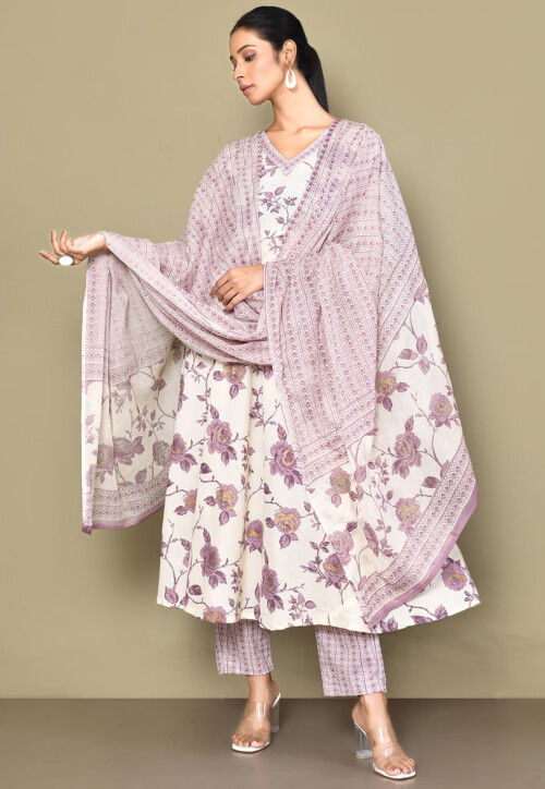 Printed Pure Cotton Pakistani Suit in Off White