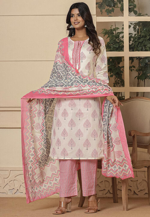 Printed Pure Cotton Pakistani Suit in Off White