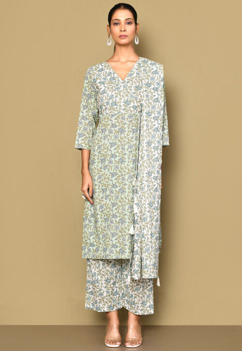 Printed Pure Cotton Pakistani Suit in Pastel Green
