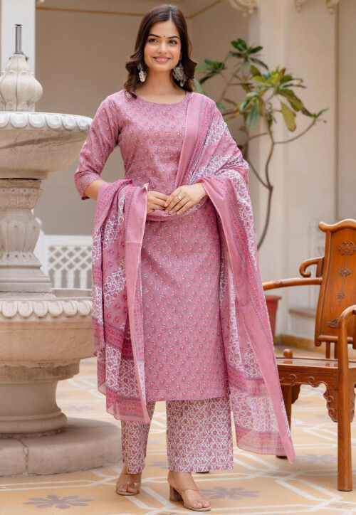 Printed Pure Cotton Pakistani Suit in Pink