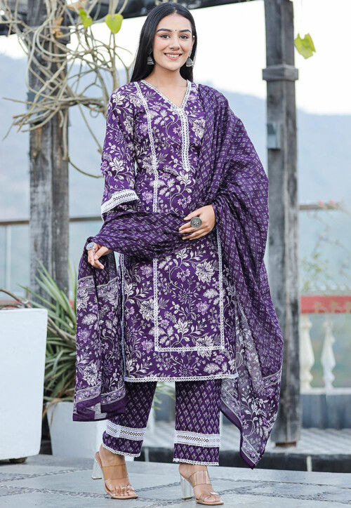 Printed  Pure Cotton Pakistani Suit in Purple