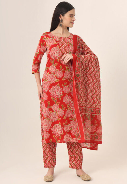 Printed Pure Cotton Pakistani Suit in Red