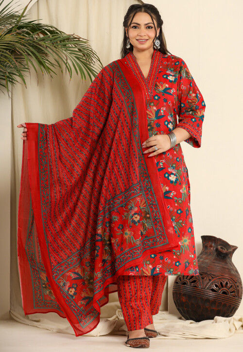 Printed Pure Cotton Pakistani Suit in Red