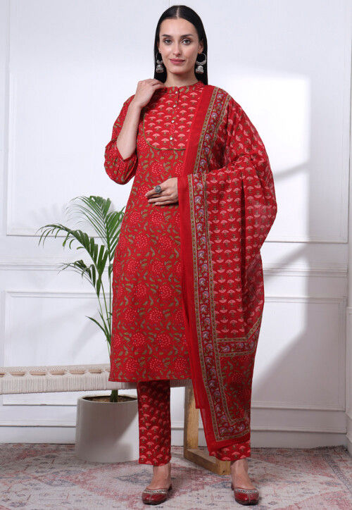 Printed Pure Cotton Pakistani Suit in Red