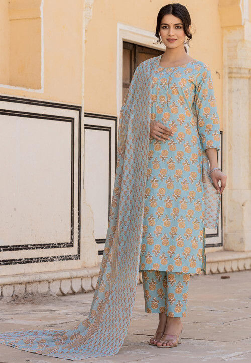 Printed Pure Cotton Pakistani Suit in Sky Blue
