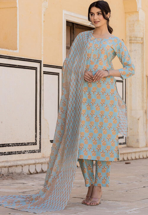 Printed Pure Cotton Pakistani Suit in Sky Blue