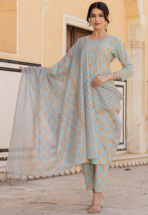 Printed Pure Cotton Pakistani Suit in Sky Blue