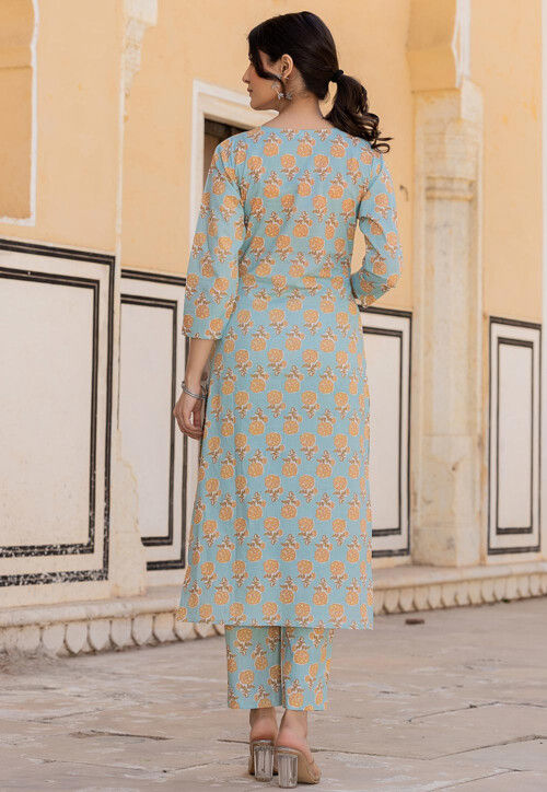 Printed Pure Cotton Pakistani Suit in Sky Blue