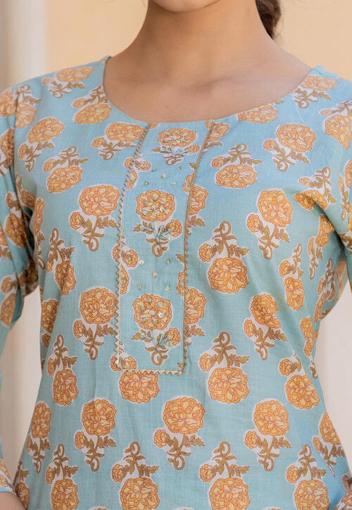 Printed Pure Cotton Pakistani Suit in Sky Blue