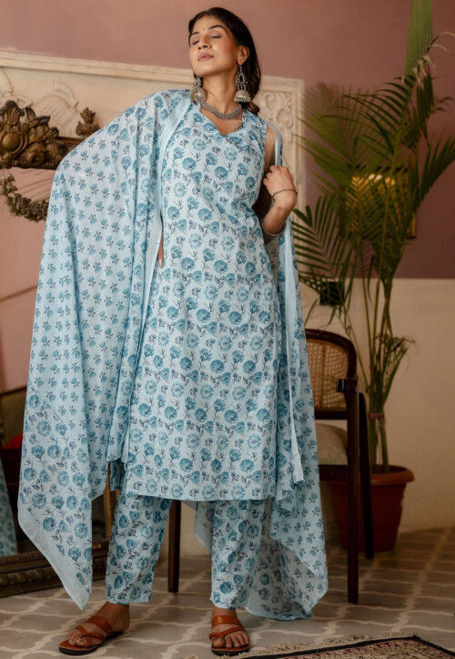 Printed Pure Cotton Pakistani Suit in Sky Blue