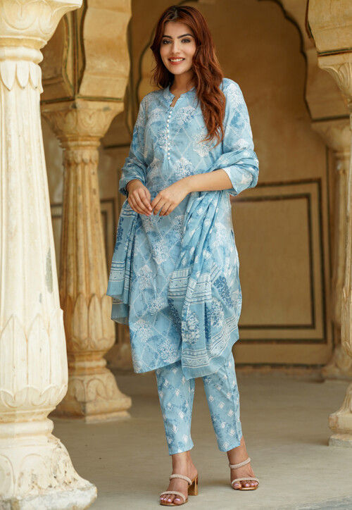 Printed Pure Cotton Pakistani Suit in Sky Blue