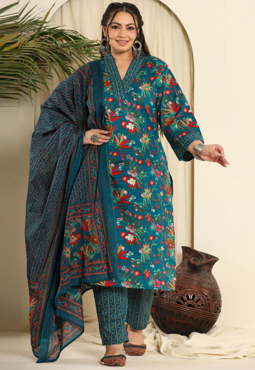 Printed Pure Cotton Pakistani Suit in Teal Blue