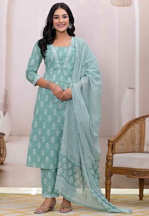 Printed Pure Cotton Pakistani Suit in Teal Green