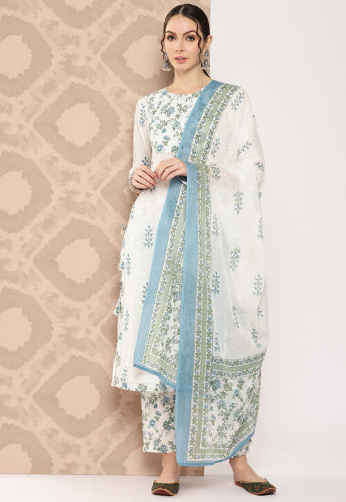 Printed Pure Cotton Pakistani Suit in White