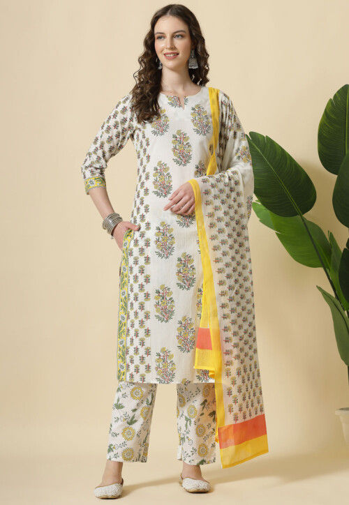 Printed Pure Cotton Pakistani Suit in White