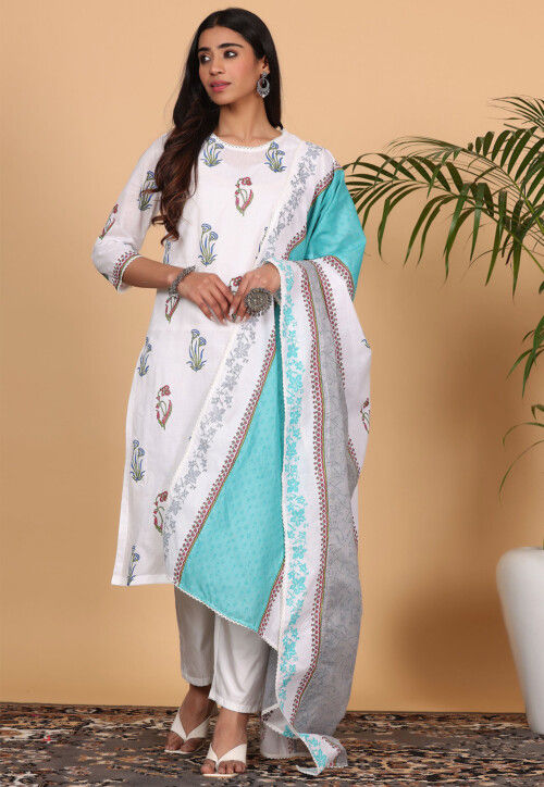 Printed Pure Cotton Pakistani Suit in White
