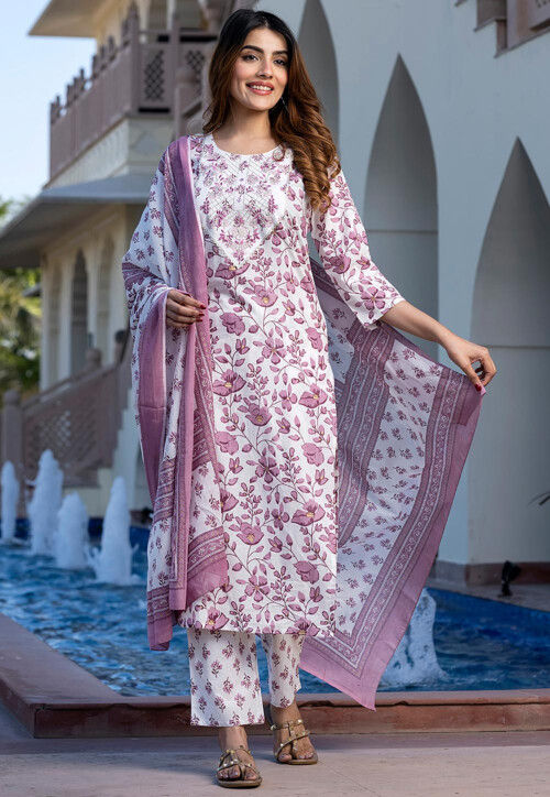 Printed Pure Cotton Pakistani Suit in White