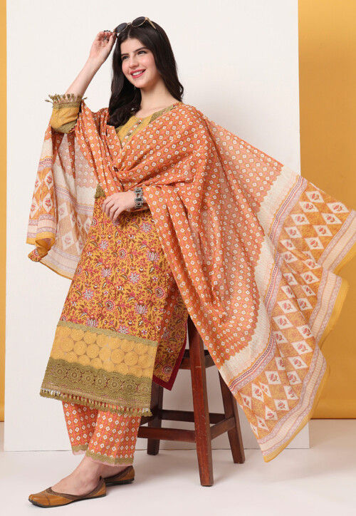 Printed Pure Cotton Pakistani Suit in Yellow