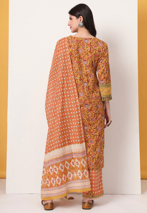 Printed Pure Cotton Pakistani Suit in Yellow