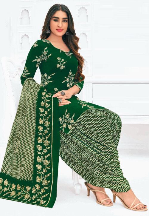 Printed Pure Cotton Punjabi Suit in Dark Green